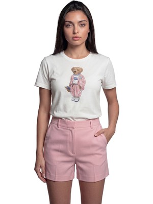 Color Luxe ''pink Jumpsuit Bear'' Şık Ayıcık Baskılı %100 Pamuk Rahat Kesim Premium Kadın Tişört