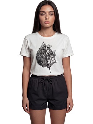 Color Luxe ''yaprak Silüeti'' Detaylı Ağaç Baskılı %100 Pamuk Rahat Kesim Premium Kadın Tişört