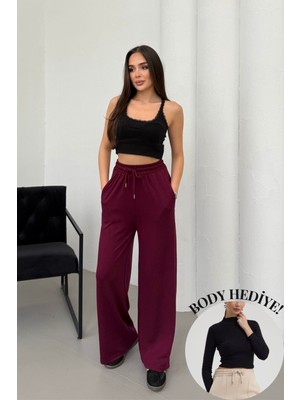 Mezka  Yüksek Bel Cepli Rahat Form Modal Touch Geniş Paça Kadın Eşofman Alt