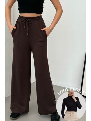 Mezka  Yüksek Bel Cepli Rahat Form Modal Touch Geniş Paça Kadın Eşofman Alt