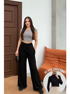 Mezka  Yüksek Bel Cepli Rahat Form Modal Touch Geniş Paça Kadın Eşofman Alt