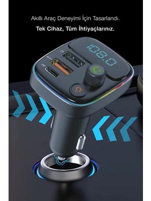FaroxTech Pd 30W Hızlı Şarj & Rgb LED Işıklı Araç Fm Transmitter | 6 Multi-Port | 5V 3.1A USB | 1m Kablolu
