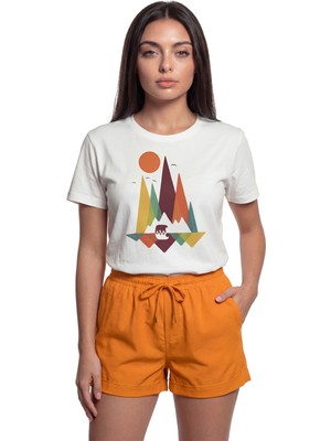 Color Luxe ''geometric Nature'' Dağ ve Ayı Manzaralı Baskılı %100 Pamuk Rahat Kesim Premium Kadın Tişört