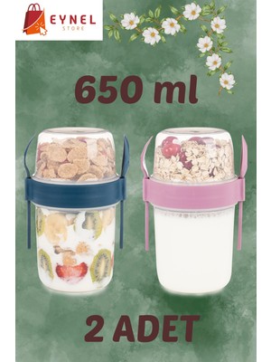 Eynel 2li Set 650 ml Take-Go Kaşıklı Hazneli Meyveli Yoğurt Kabı Piknik Atıştırmalık Granola Süt Bardağı