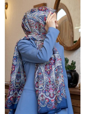 Vissona 100% Ipek Etro Desenli Lacivert - Kırmızı Renkli 92X210 Şal