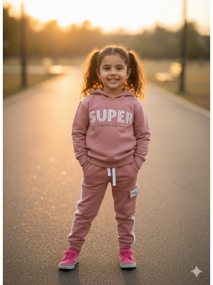 Selvira Kız Çocuk Kapüşonlu Sweatshirt ve Jogger Alt Pembe 2’li Spor Eşofman Takımı