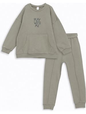 LC Waikiki Lcw Kids Yeşil Bisiklet Yaka Uzun Kollu Baskılı Erkek Bebek Sweatshirt ve Eşofman Alt 2'li