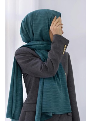 Vissona Lüks Medine Ipeği Hasır Desenli Petrol Yeşili Renkli 75X195 Kırışmaz Şal Moss Krep Dikiş Tipi Italyan Dikişli