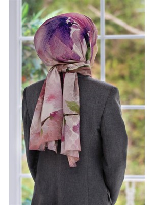 Vissona Lüks Medine Sulu Boya Çiçek Desenli Somon Renkli 75X195 Kırışmaz Şal Moss Krep Dikiş Tipi Italyan Dikişli