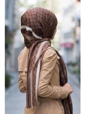 Vissona %100 Ipek Monogram Desenli Kahve - Sütlü Kahve Renkli 92X210 Şal