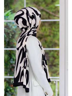 Vissona Lüks Medine Ipeği Fırça Darbesi Desenli Krem - Siyah  Renkli 75X195 Kırışmaz Şal Moss Krep Dikiş Tipi Italyan Dikişli