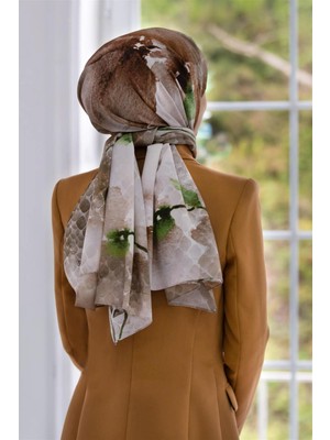 Vissona Lüks Medine Sulu Boya Çiçek Desenli Bej Renkli 75X195 Kırışmaz Şal Moss Krep Dikiş Tipi Italyan Dikişli