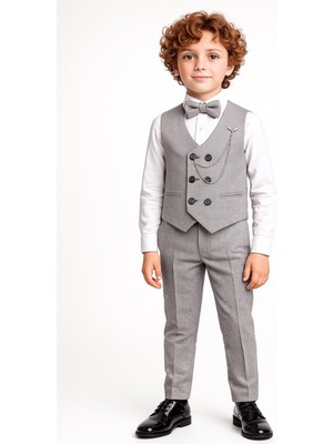 Ahengim Erkek Çocuk Gri Papyonlu Yelekli 3’lü Set Takım Elbise Regular Fit AK5350