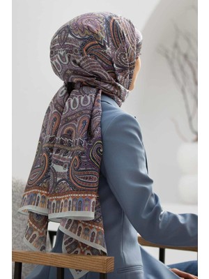 Vissona 100% Ipek Etro Desenli Bebe Mavisi - Taba Renkli Şal
