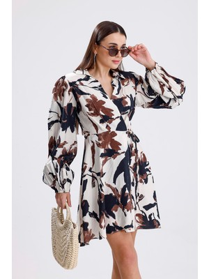 Velizade Kadın Kahverengi Çiçekli Polo Yaka Anvelop Kesim Mini Elbise Önü Kuşak Bağlamalı Balon Kollu Elbise