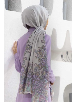 Vissona %100 Ipek Etnik Desenli Gümüş Renkli 92X210 Şal