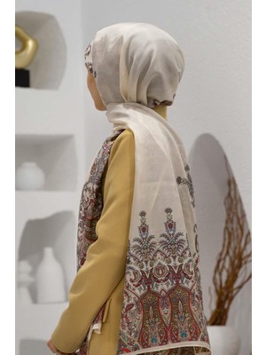 Vissona %100 Ipek Etnik Desenli Krem Renkli 92X210 Şal