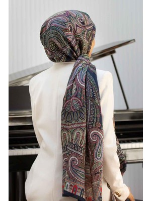 Vissona 100% Ipek Etro Desenli Lacivert - Fıstık Yeşili Renkli Şal