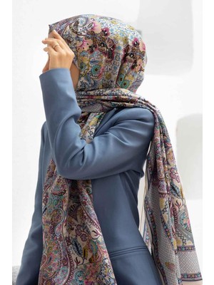 Vissona %100 Ipek Etro Desenli Krem - Mürdüm Renkli Şal