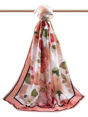 Vissona Lüks Medine Ipeği Çiçek Desenli Bej - Nar Çiçeği Renkli 75X195 Kırışmaz Şal Moss Krep Dikiş Tipi Italyan Dikişli