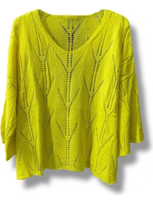 Oversize Ajurlu Merserize Triko Bluz Kadın V Yaka (38-52 Beden Uyumlu)