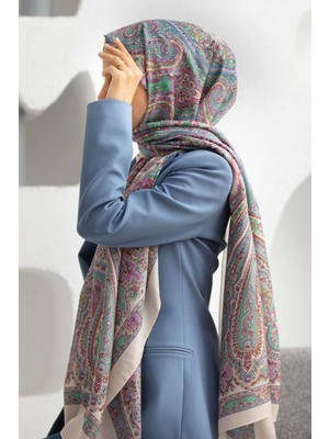 Vissona %100 Ipek Etro Desenli Bej - Lila Renkli 92X210 Şal
