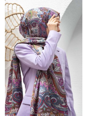 Vissona 100% Ipek Etro Desenli Krem Renkli 92X210 Şal