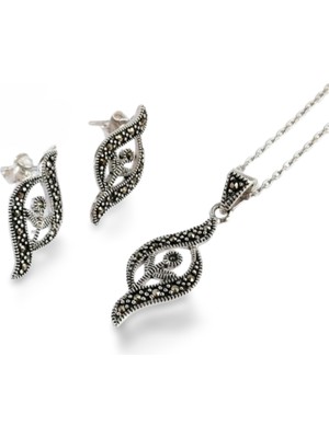 925 Gümüş Markazit Taşlı Zarif Siyah Lale Tasarım Set Kadın Kolye Küpe