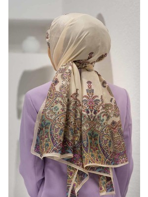 Vissona %100 Ipek Etnik Desenli Krem - Haki Renkli 92X210 Şal