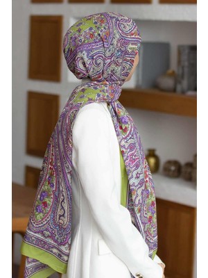 Vissona %100 Ipek Etro Desenli Fıstık Yeşili Renkli 92X210 Şal