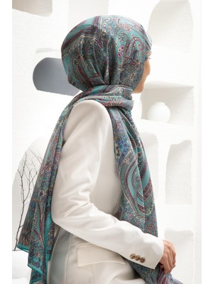 Vissona 100% Ipek Etro Desenli Turkuaz - Pudra Renkli 92X210 Şal