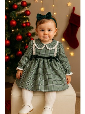 BEBE YAKA EKOSE DESENLİ YEŞİL RENK KIZ ÇOCUK ELBİSE- SAÇ BANTI HEDİYELİ