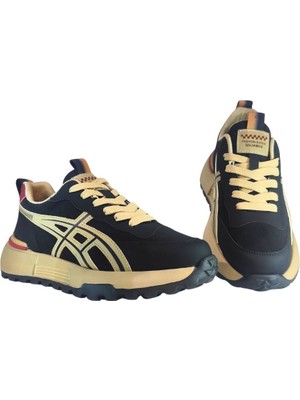 Guja Erkek Bağcık Kapamalı Siyah Deri Üstüne Bej Desenli Günlük Sneaker Ayakkabı