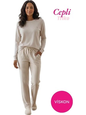 Bie's Kadın Viskon Mevsimlik Uzun Kol Cepli Pijama Takımı-Üstü Ince Triko Alt Pijama Dar Kesim Jakar Kumaş