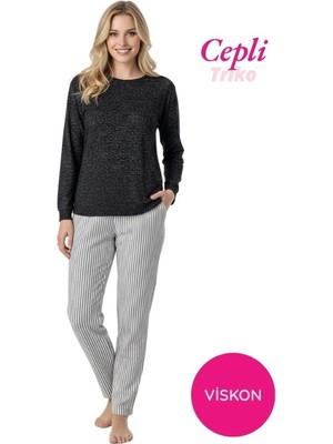 Bie's Kadın Viskon Mevsimlik Uzun Kol Cepli Pijama Takımı-Üstü Ince Triko Alt Pijama Dar Kesim Jakar Kumaş