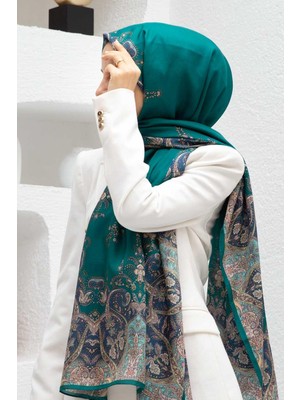 Vissona %100 Ipek Etnik Desenli Petrol Yeşili Renkli 92X210 Şal