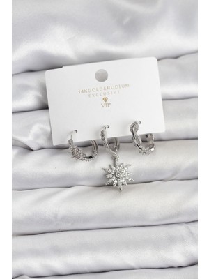 Mustran Pirinç Gümüş Renk Kutup Yıldızı Model 3'lü Kadın Küpe Seti