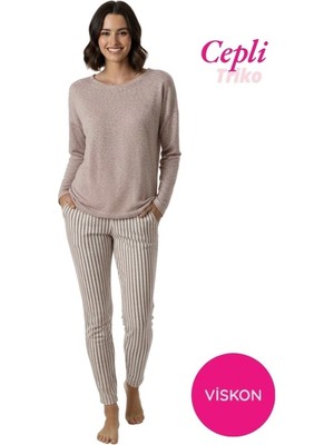 Guava Kadın Viskon Mevsimlik Uzun Kol Cepli Pijama Takımı-Üstü Ince Triko Alt Pijama Dar Kesim Jakarlı Kumaş