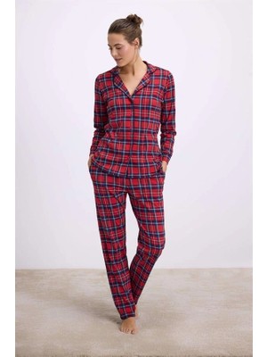 Will Like %100 Pamuklu Uzun Kol Düğmeli Gömlek ve Ekose Pantolon Pijama Takımı