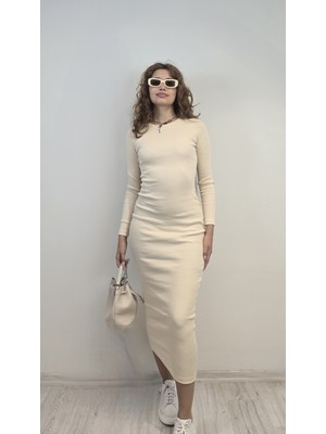 The Fancy Kadın Bisiklet Yaka Uzun Kollu Maxi Boy Düz Elbise