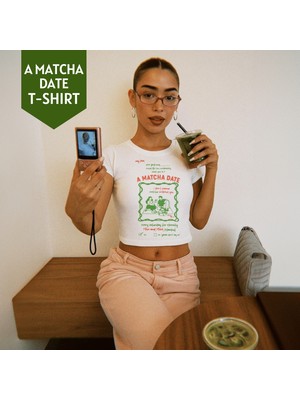 Mim And More A Matcha Date Baskılı Crop Tişört – Modal Kumaş, Esnek ve Rahat, Kadın T-Shirt