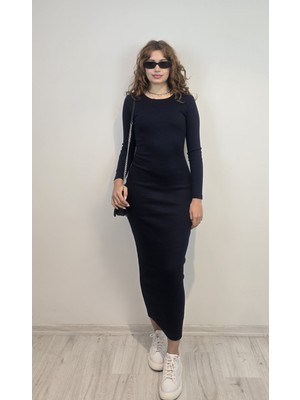 The Fancy Kadın Bisiklet Yaka Uzun Kollu Maxi Boy Düz Elbise
