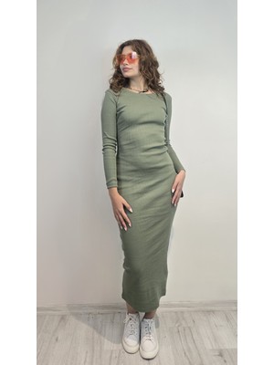 The Fancy Kadın Bisiklet Yaka Uzun Kollu Maxi Boy Düz Elbise