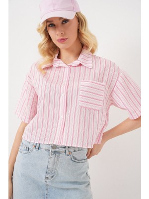 Çizgili Crop Gömlek 20342 - Pudra