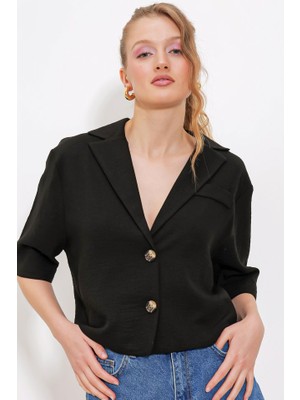 Siyah Çift Düğmeli Oversize Crop Keten Ceket 0706