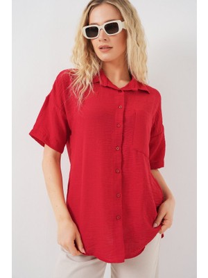 Kısa Kol Keten Görünümlü Gömlek 20336 - Kırmızı