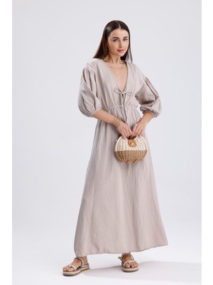 Velizade Kadın Bej Konfor Modeli V Yaka Balon Kol Müslin Elbise Bağlamalı Bel Büzgülü A Kesim Uzun Elbise