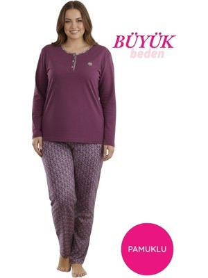 Bie's Kadın Gülkurusu Büyük Beden Etnik Desen 3 Düğme Pamuk Likra Mevsimlik Uzun Kol Pijama Takımı