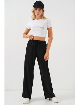 Yüksek Bel Bol Paça Pantolon - Siyah