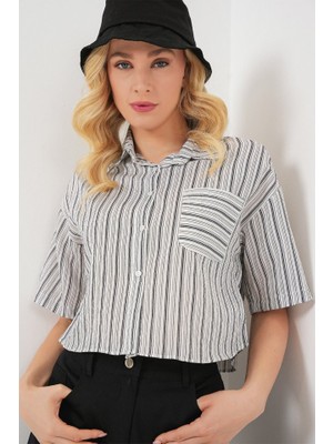 Çizgili Crop Gömlek 20342 - Siyah